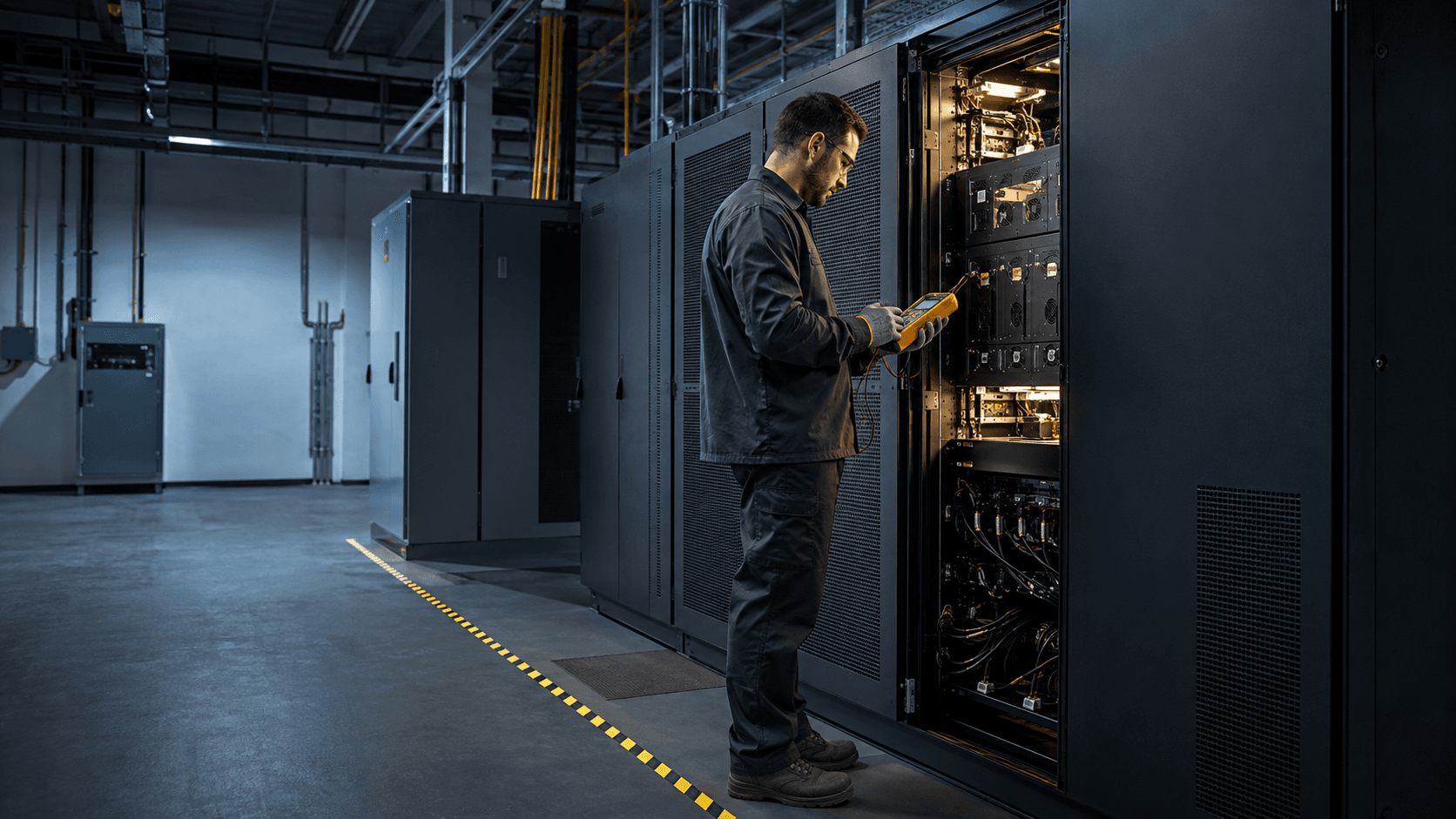 Technician inspecting critical-power equipment in an electrical room